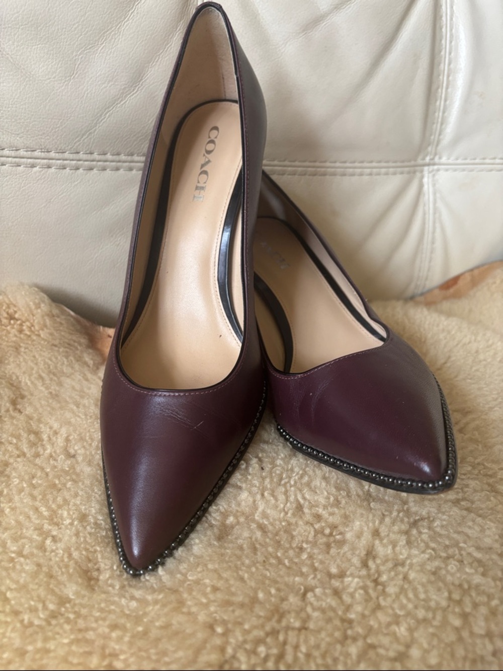Coach Burgundy Leather Pointed-Toe Stud Trim Pumps - Picture 4 of 8